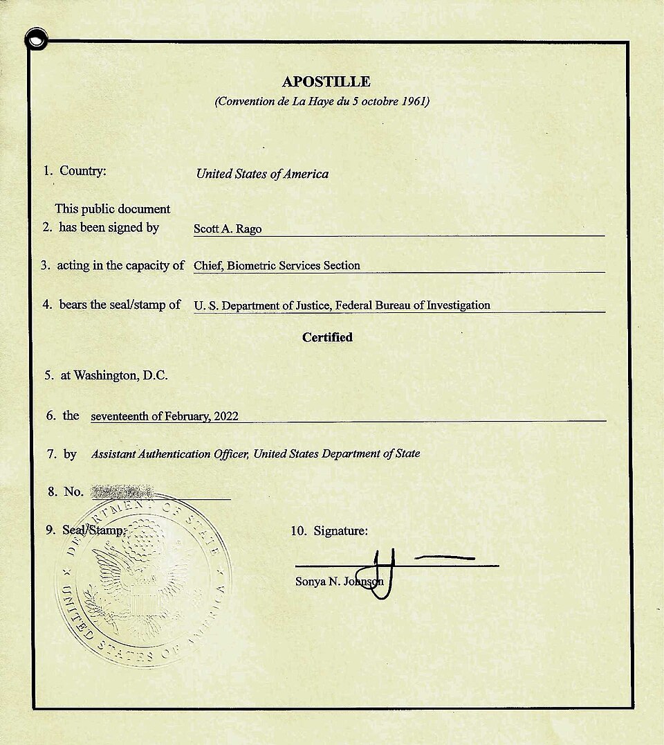 Federal apostille certificate issued for FBI background check authentication for international immigration, residency, visa, and overseas document use