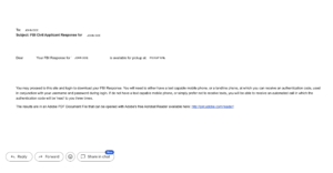 FBI background check retrieval email containing the secure download link and instructions for accessing an FBI Identity History Summary report online.