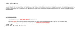 FBI background check retrieval credentials email showing TCN number, FBI pickup password, and instructions for downloading an electronic FBI Identity History Summary report.